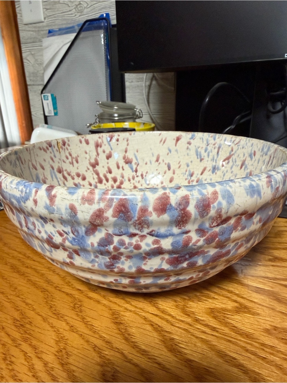 Handcrafted Speckled Ceramic Mixing Bowl in Cream, Blue & Red